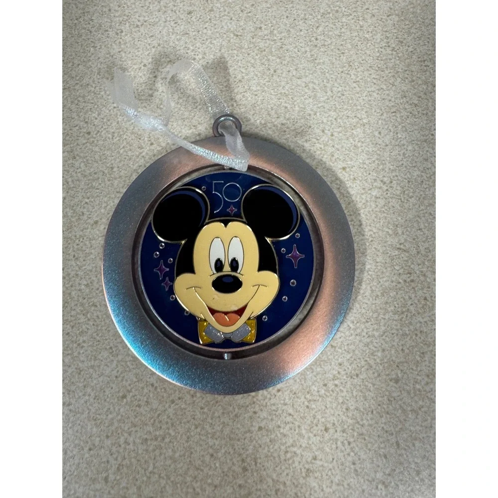 Disney World 50th Anniversary Mickey Mouse Spinning Metal Ornament Silver Blue
